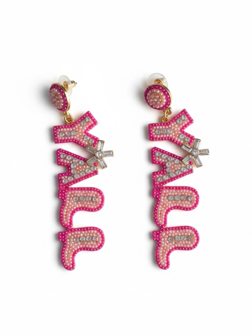 Women Jewelry Pink 'YALL' Crystal Drop Cowgirl Earrings